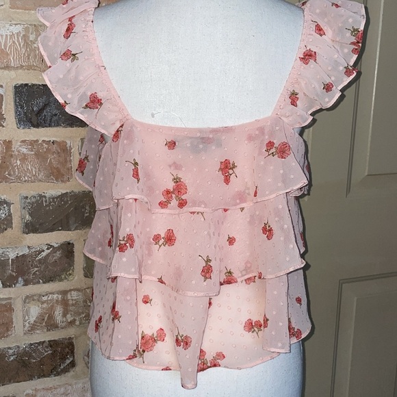 Forever 21 Pink Red Poppies Floral Tiers Ruffle Straps Cropped Cami Tank Sz M - Picture 9 of 15